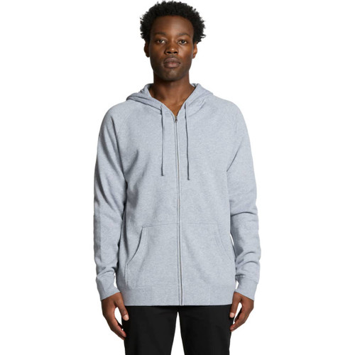 A grey zip-up hoodie featuring a hood and front pockets, with a logo on the garment. A grey zip-up hoodie featuring a hood and front pockets, with a logo on the garment.