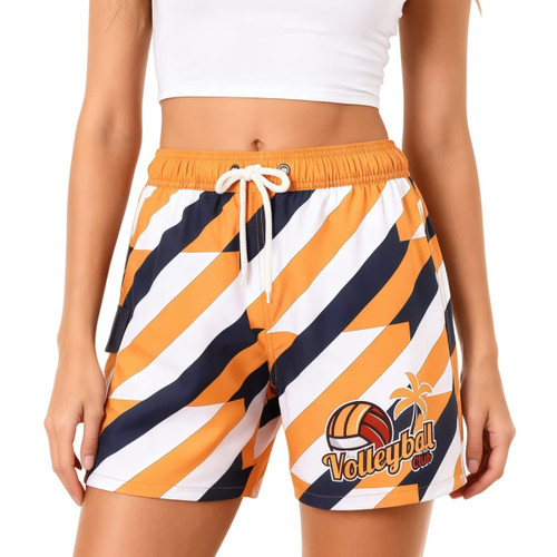 Women's board shorts in orange, navy, and white with a drawstring, pocket, and logo.