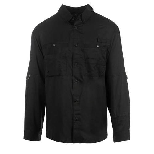 A long sleeve fishing shirt in black with button-up front, two chest pockets, and a logo on the sleeve.