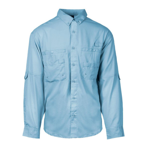 A light blue long sleeve fishing shirt featuring button-up front and multiple pockets. It has a logo on it.