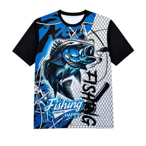 Men's Polyester Spandex fishing T-shirt featuring a blue and black graphic design with a fish illustration and artistically styled text.