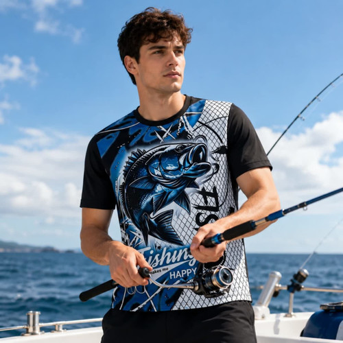 A men's black and blue fishing T-shirt featuring a graphic design of a fish and a fishing rod. It has a logo.