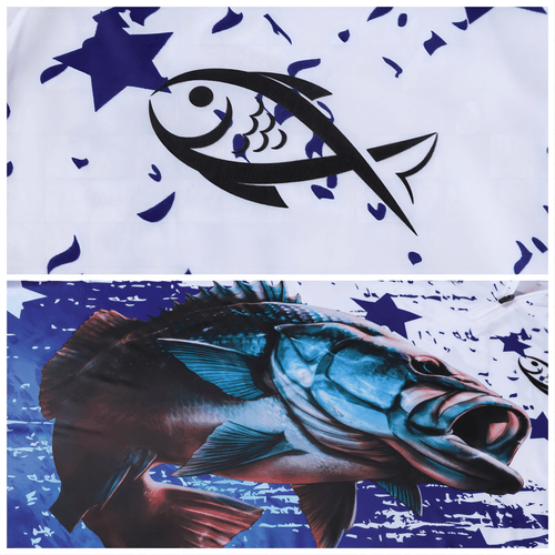 A fishing shirt featuring a black fish design on a white background and a vibrant blue fish graphic.