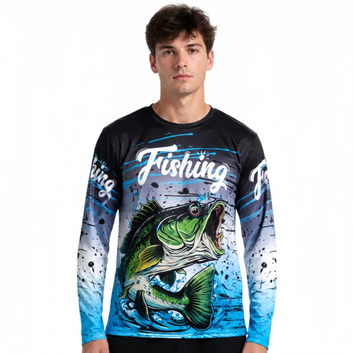 A long-sleeved fishing shirt featuring a graphic of a fish with blue and black gradient designs. The shirt has a logo.