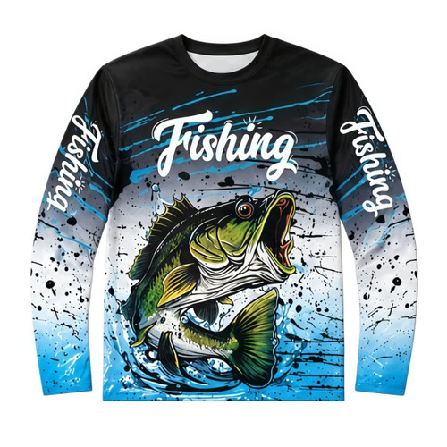 A long-sleeved fishing shirt featuring a vibrant graphic of a fish, predominantly black, blue, and white colours, with a logo.