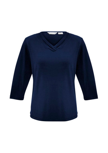 A navy blue women's 3/4 sleeve top with a crossover neckline and a logo.
