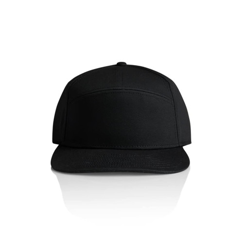 A black 7-panel cap with a flat brim and a logo on the front.