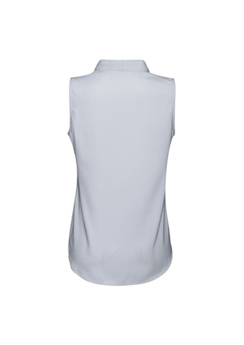 A sleeveless women's top in light grey with a collar, featuring a smooth fabric and a branding logo.