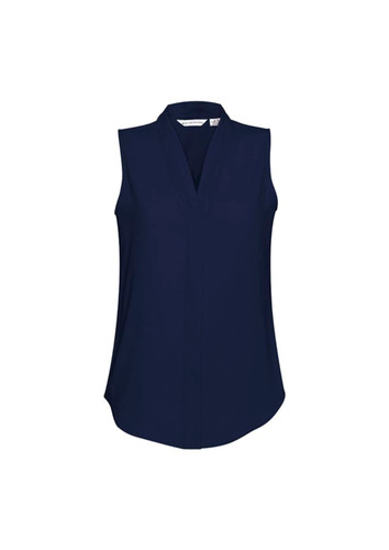 A sleeveless women's top in navy blue with a classic collar and a slightly curved hem. Features a logo.