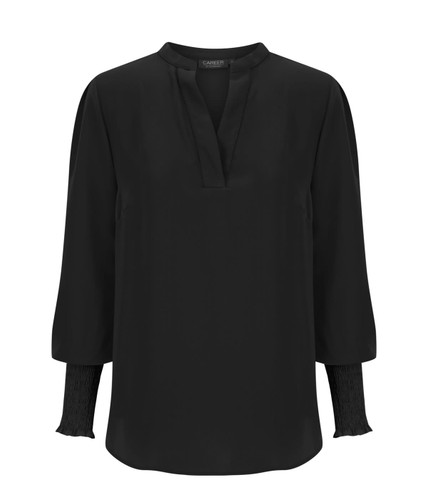 A black long sleeve top with a slight v-neck and textured cuffs. The top features a subtle, elegant design and has a logo.