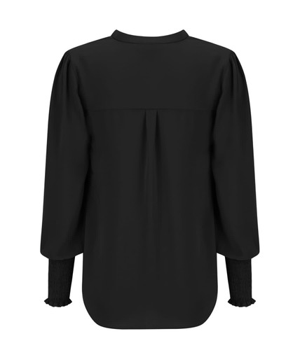 A black long sleeve top featuring puffed sleeves and gathered cuffs. The back design includes a subtle pleat.
