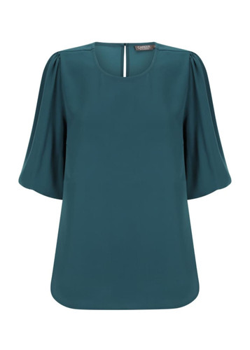 A teal puff sleeve top featuring a round neckline and a keyhole back, designed for casual wear. It has a subtle brand logo.