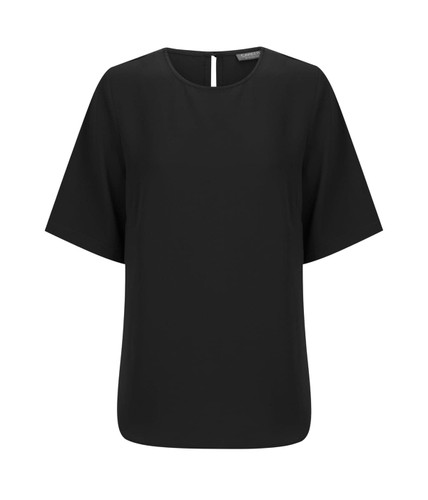 A black short sleeve top with a loose fit and a small rear keyhole opening. It features a subtle brand logo.
