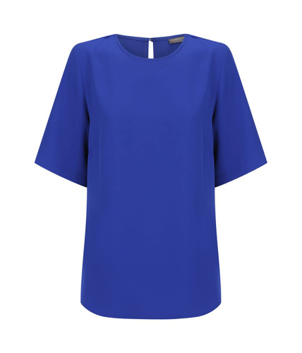 A blue short sleeve top with a round neckline and a back keyhole detail. It has a logo on the label.