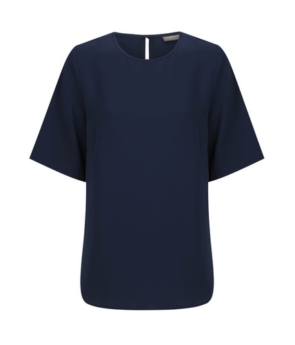 A navy short sleeve top with a rounded neckline and a small opening at the back, featuring a logo.