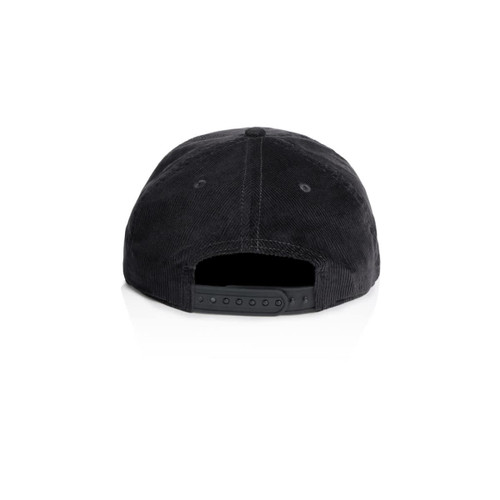 A black cap with a corduroy texture featuring an adjustable snapback closure and a branded logo. A black cap with a corduroy texture featuring an adjustable snapback closure and a branded logo.