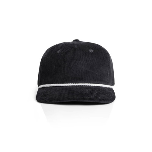 A black corduroy cap with a white rope detail, featuring a logo on the front. A black corduroy cap with a white rope detail, featuring a logo on the front.
