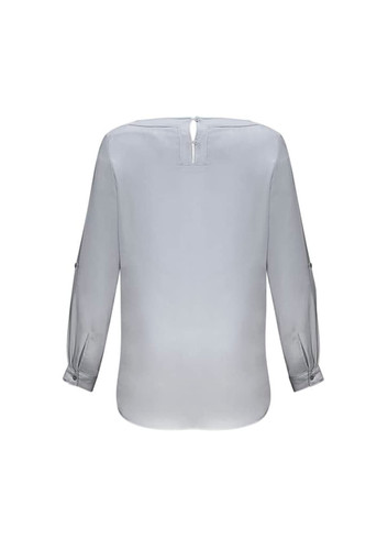 A light grey women's Madison boatneck top with long sleeves and button details at the cuffs. It has a back closure.