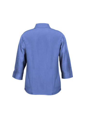 A 3/4 sleeve shirt in a solid blue hue, featuring a collar and a simple design. It has a logo on the back.