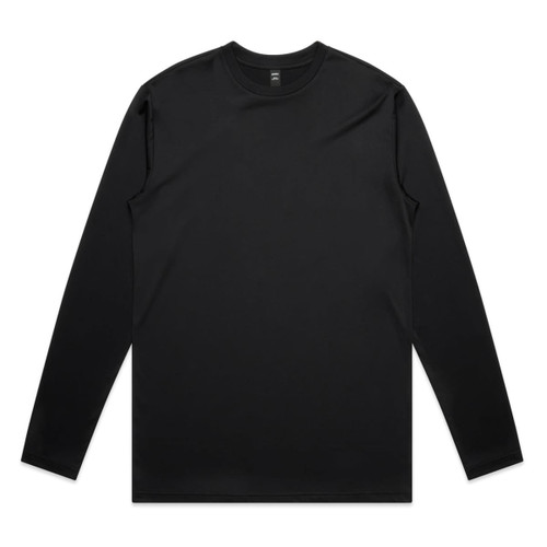 A black long-sleeved t-shirt made from active fabric, featuring a smooth texture and a logo.