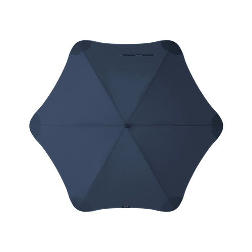 A dark navy umbrella with a sleek design and central button, featuring a branding logo.