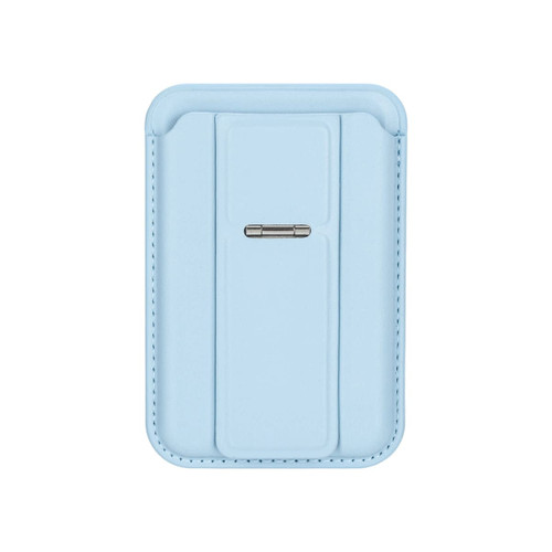 A light blue PU magnetic card holder with a phone stand, featuring a sleek design and a metal clasp.