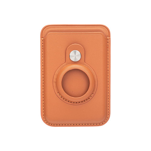 A PU magnetic card and AirTag holder in a tan colour, featuring a circular attachment on the front and a logo.