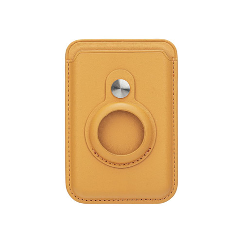A PU magnetic card and Airtag holder in a vibrant yellow colour, featuring a circular magnetic attachment.