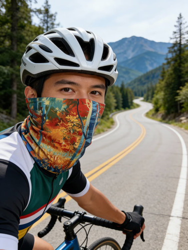 A cyclist wearing a colourful, patterned brushed Lycra warm gaiter, with mountains and a winding road in the background.