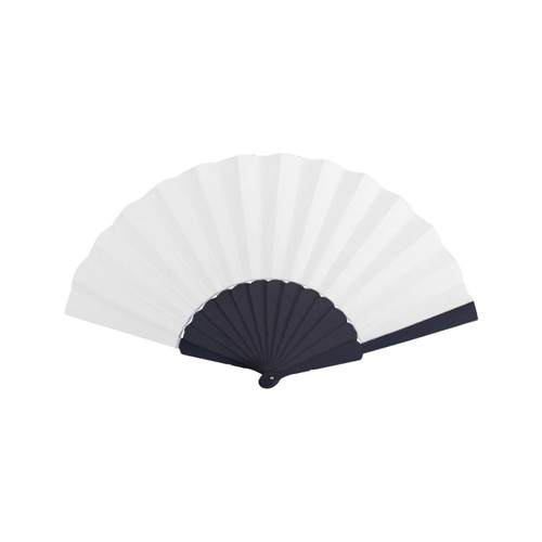 A paper hand-held fan featuring a white fan surface and a navy blue handle. It also includes a logo on the handle.