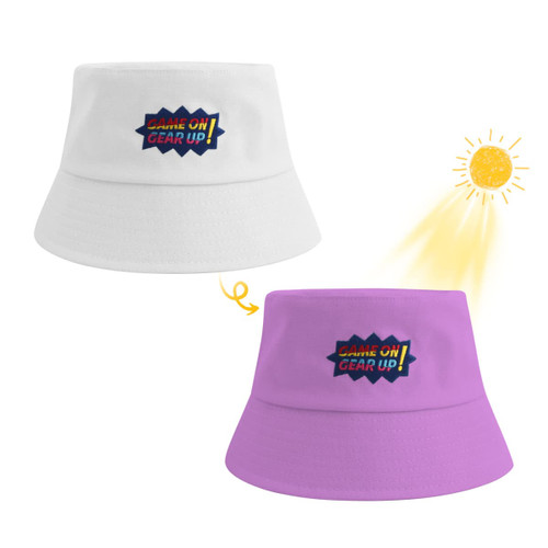 A colour changing bucket hat in white and purple, featuring a logo. Sun graphic indicates colour change.
