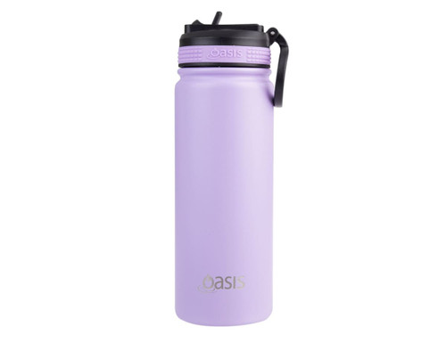 A drink bottle in lavender colour with a spout and a black lid, featuring a logo.