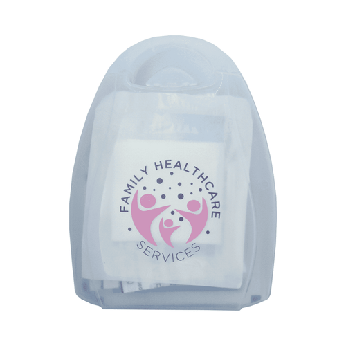 A portable first aid kit in a transparent case, featuring assorted medical supplies and a logo on the front. A portable first aid kit in a transparent case, featuring assorted medical supplies and a logo on the front.