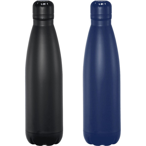 A drink bottle featuring a sleek design in black and navy, with a lid and a logo.