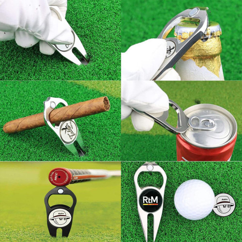 A metal golf divot tool in silver, featuring a ball marker and a bottle opener, set against a green grass background.
