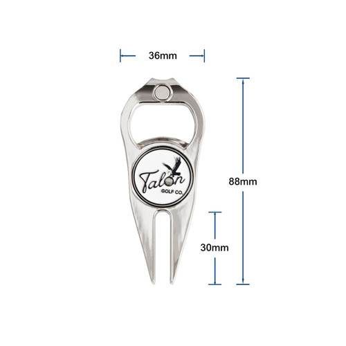 A metallic golf divot tool with a bottle opener, featuring a logo and measuring 88mm by 36mm.