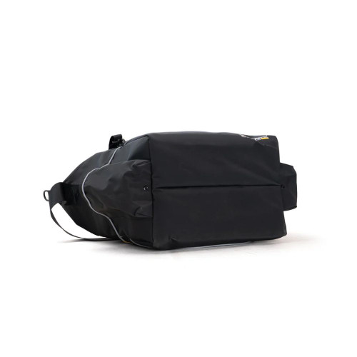 Black waterproof travel bag with side pockets and adjustable strap.