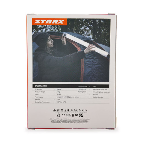 A foldable camp light in a white casing, displayed by a person inside a tent, with a logo visible on the product.