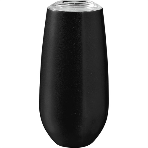 A drink bottle in matte black finish with a clear lid, designed as a vacuum champagne flute.
