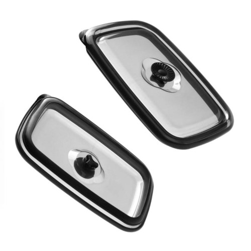 Rectangular lunch container lids with black knobs on a white background.