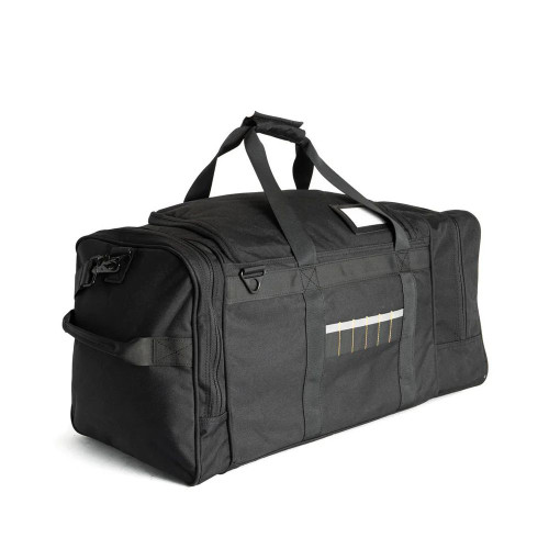 Large black duffel bag with handles and side pockets, perfect for travel and gym use.