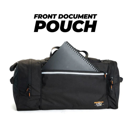 Black duffel bag with front document pouch and spiral notebook.