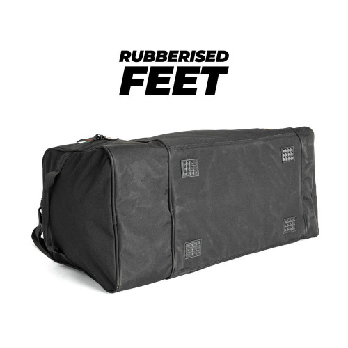 Black travel bag with rubberized feet for durability and stability.