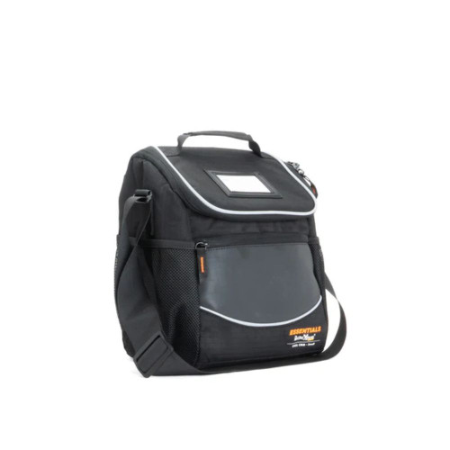 Black insulated lunch cooler bag with shoulder strap and front pocket.