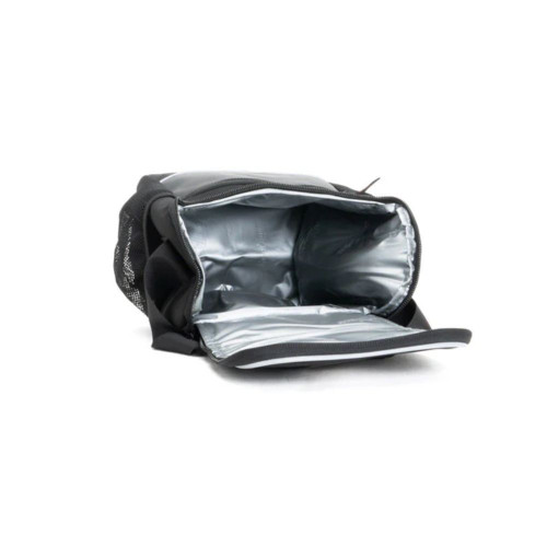 Open black insulated cooler bag with metallic interior for travel or picnics.