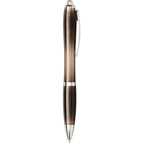A grey and silver ballpoint pen with a sleek design and a logo on the barrel. A grey and silver ballpoint pen with a sleek design and a logo on the barrel.