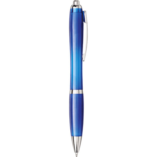 A blue pen with a gradient finish and silver accents, featuring a branding logo. A blue pen with a gradient finish and silver accents, featuring a branding logo.