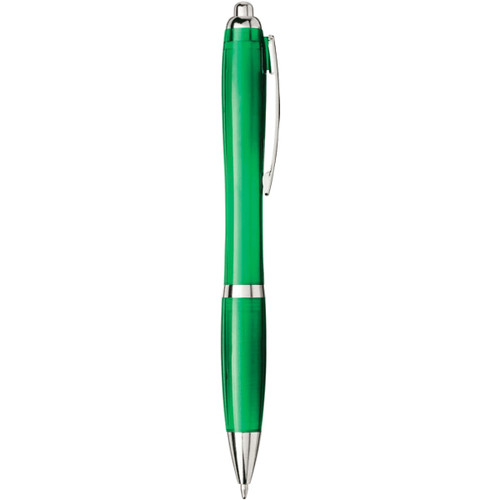 A green ballpoint pen with a silver clip and accents, featuring a branding logo. A green ballpoint pen with a silver clip and accents, featuring a branding logo.