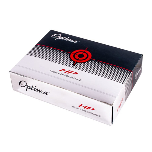 A box of Optima HP golf balls in black and white packaging, featuring a logo and a target design.