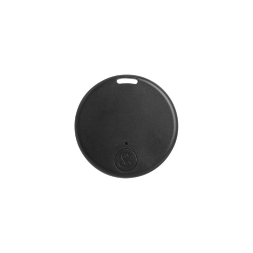 A black circular anti-loss smart tag featuring a small logo on one side.
